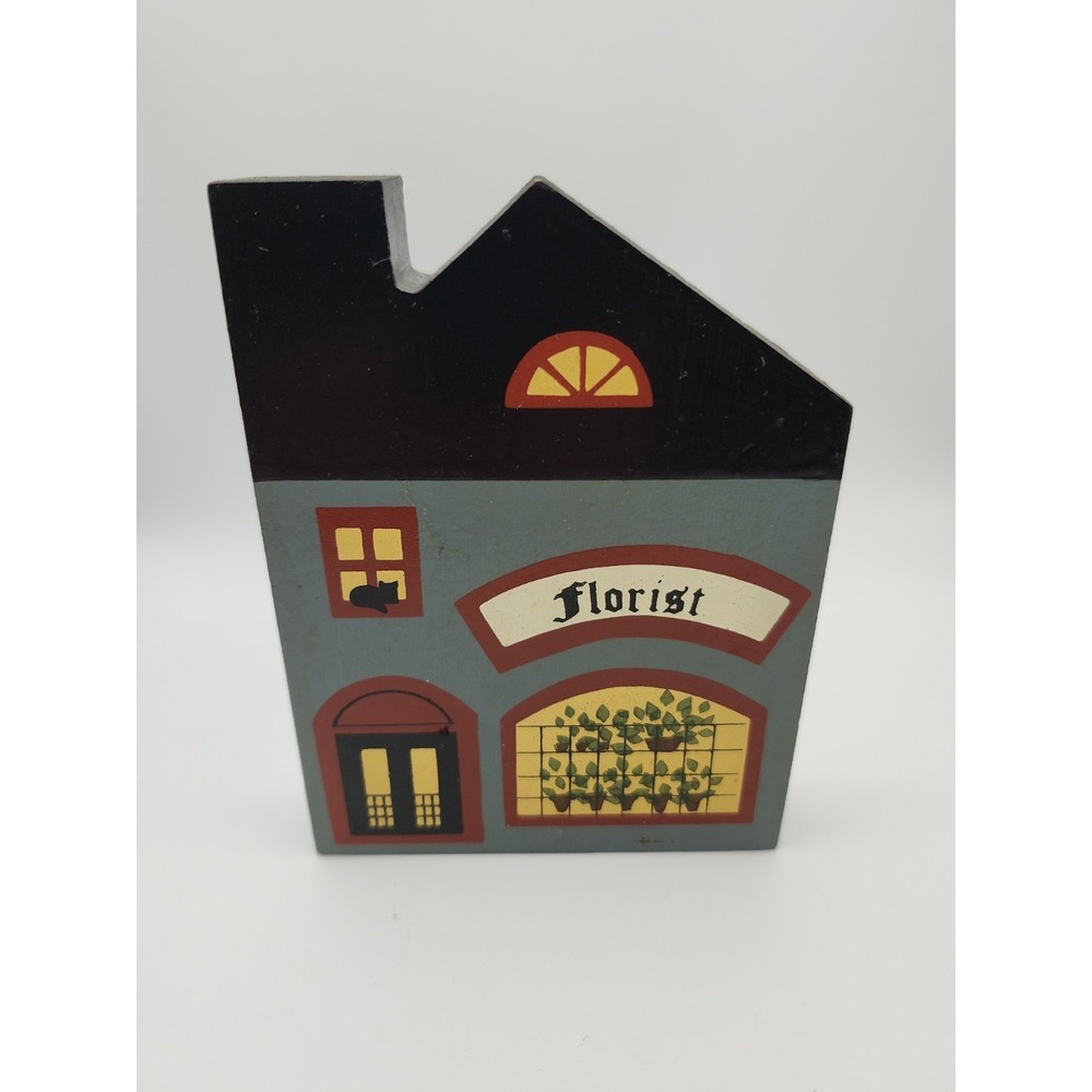 The Cats Meow Village Florist 1988 Artist Signed Faline Wood Shelf Sitter